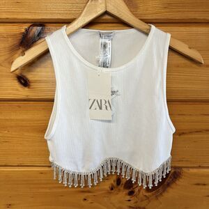 ZARA White Ribbed Knitted Tank Rhinestone Fringe Sleeveless Crop Top M-L  NWT